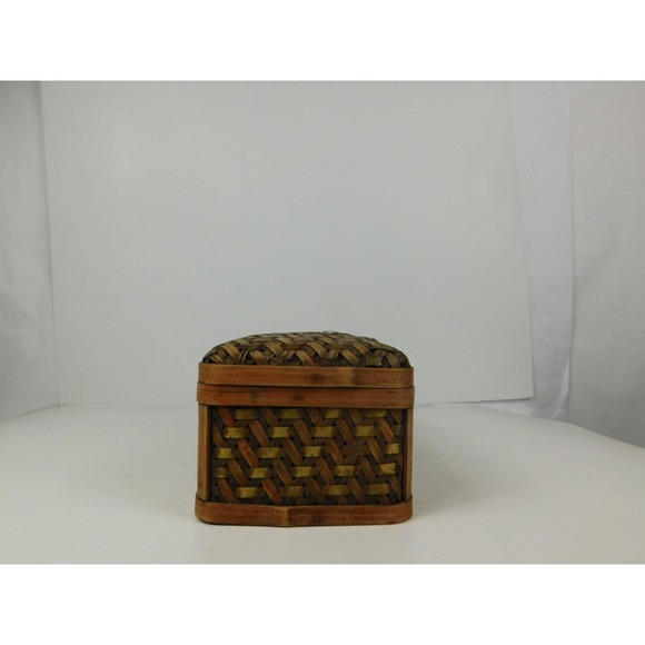 Vintage Bombay Set of 2 Nesting Wood Metal Woven Storage Boxes Hinged Lids Latch - Picture 6 of 16